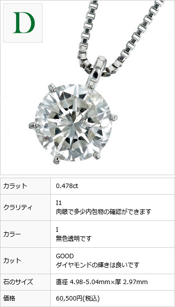 ダイヤモンド ネックレス 一粒 0.4ct E～I I1 VERY GOOD~FAIR プラチナ